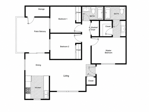 Floor plan for 3 beds, 2 baths, 1250 sqft
